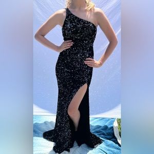 Sequin, Side Slit, One Shoulder, Long, Formal, Prom Dress
